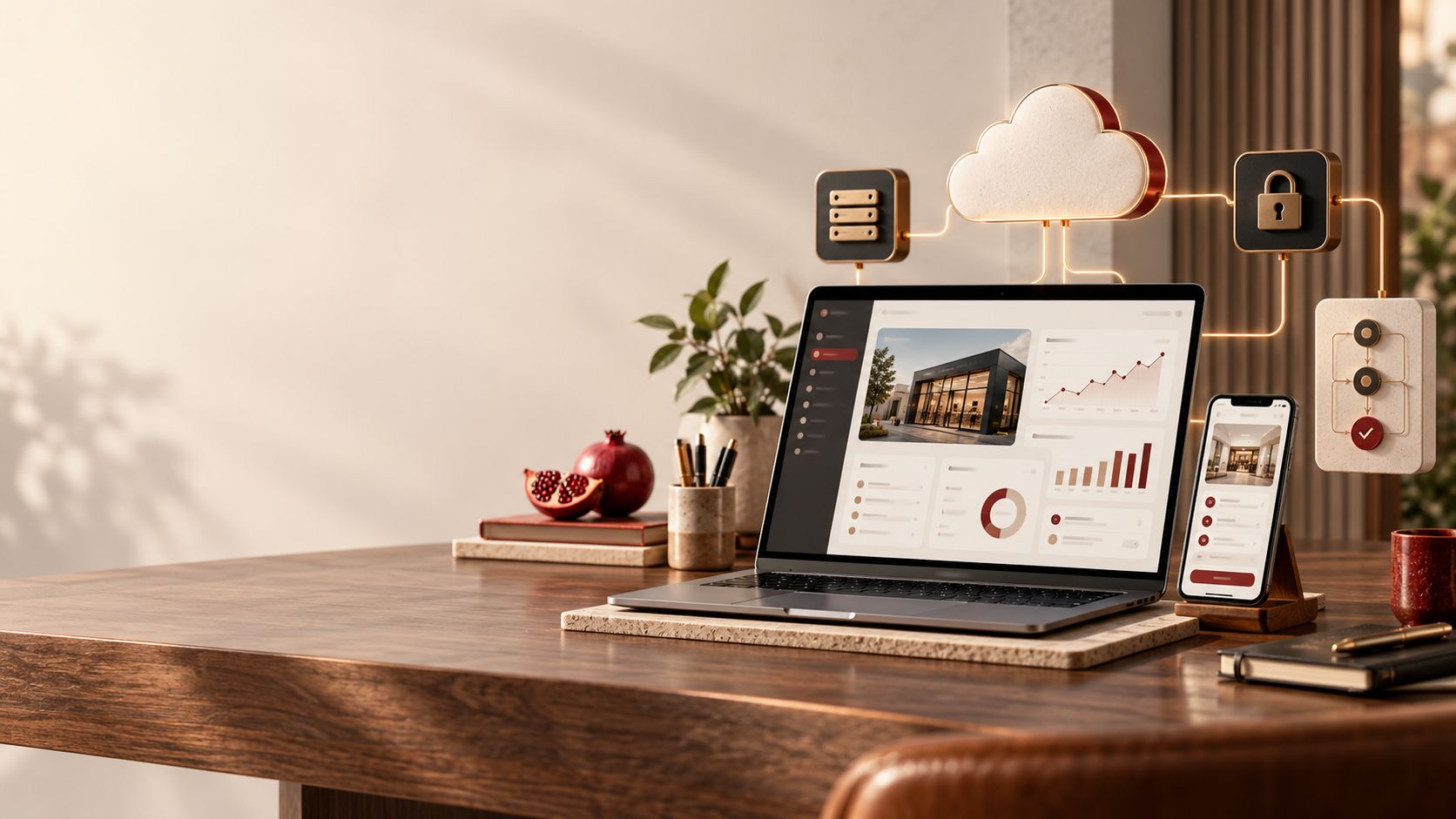 A professional workspace showing a responsive business website, reporting dashboard, cloud connection, security and workflow automation